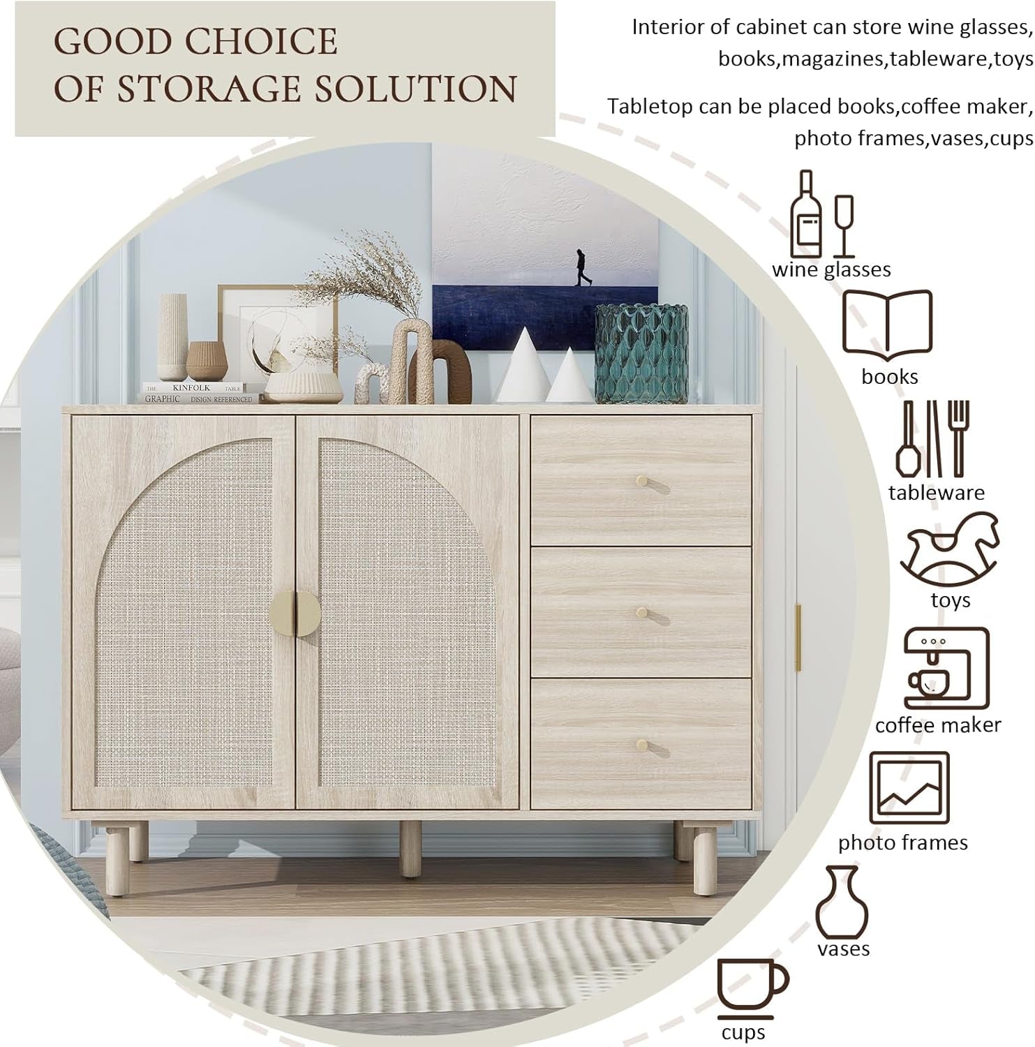 Beige Sideboard Buffet Cabinet, 2-Door and 3-Drawer Rattan Storage Cabinet, Coffee Bar with Adjustable Shelf, Accent Furniture for Living Room, Entryway, Home Office, Oak