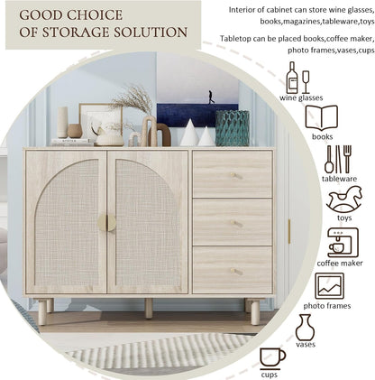 Beige Sideboard Buffet Cabinet, 2-Door and 3-Drawer Rattan Storage Cabinet, Coffee Bar with Adjustable Shelf, Accent Furniture for Living Room, Entryway, Home Office, Oak