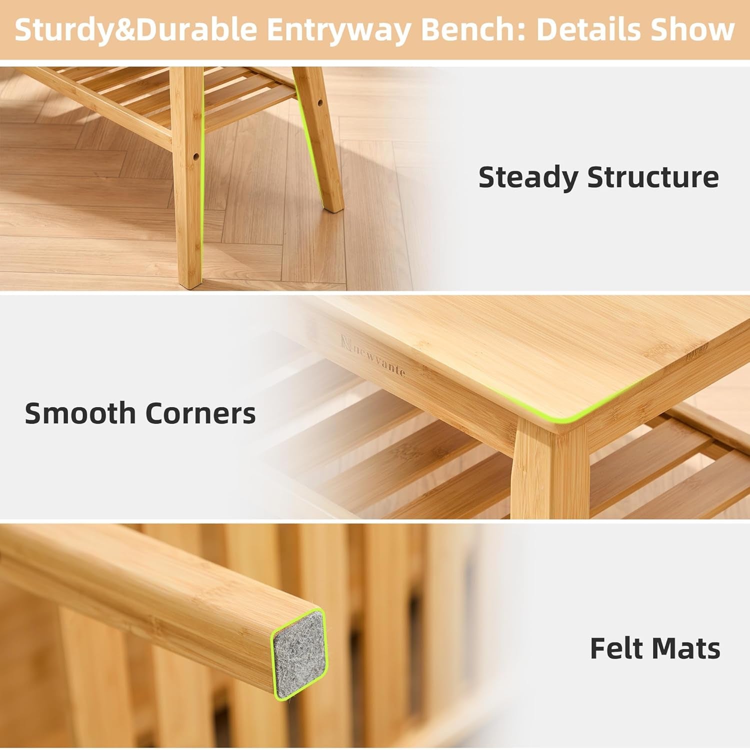 Bamboo Dining Bench, 33.46" Indoor Storage Bench, Small Wood Benches for Entryway, Living Room, Bedroom, Hallway, Outdoor Wooden Bench, Holds up to 300Lbs