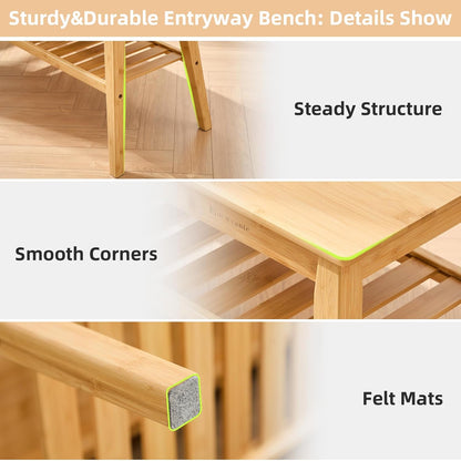 Bamboo Dining Bench, 33.46" Indoor Storage Bench, Small Wood Benches for Entryway, Living Room, Bedroom, Hallway, Outdoor Wooden Bench, Holds up to 300Lbs