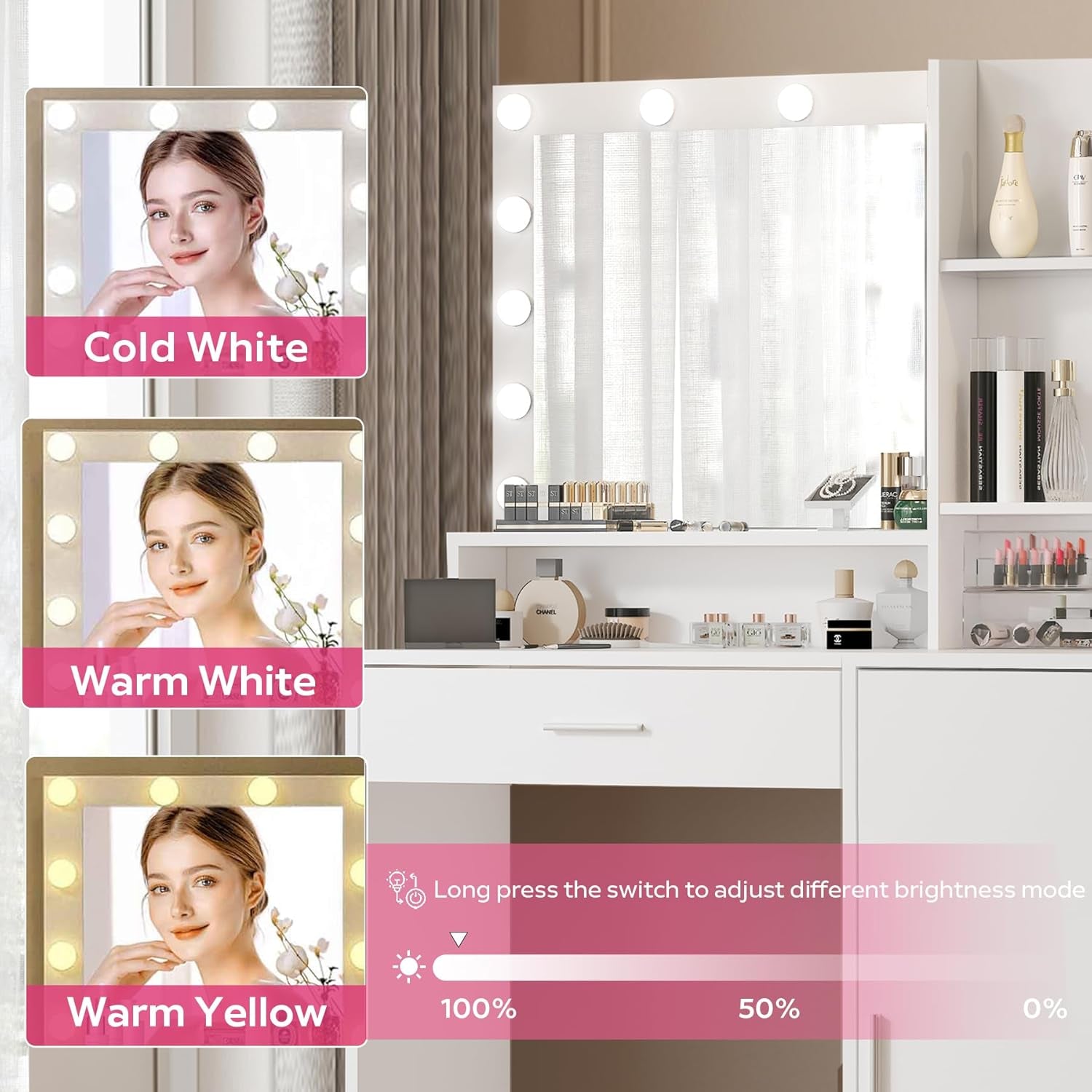 Vanity Desk with Mirror and Light, Large Drawer and Three Level Storage Dresser, 3 Lighting Modes Adjustable Brightness, Bedroom Dressing Table (White)