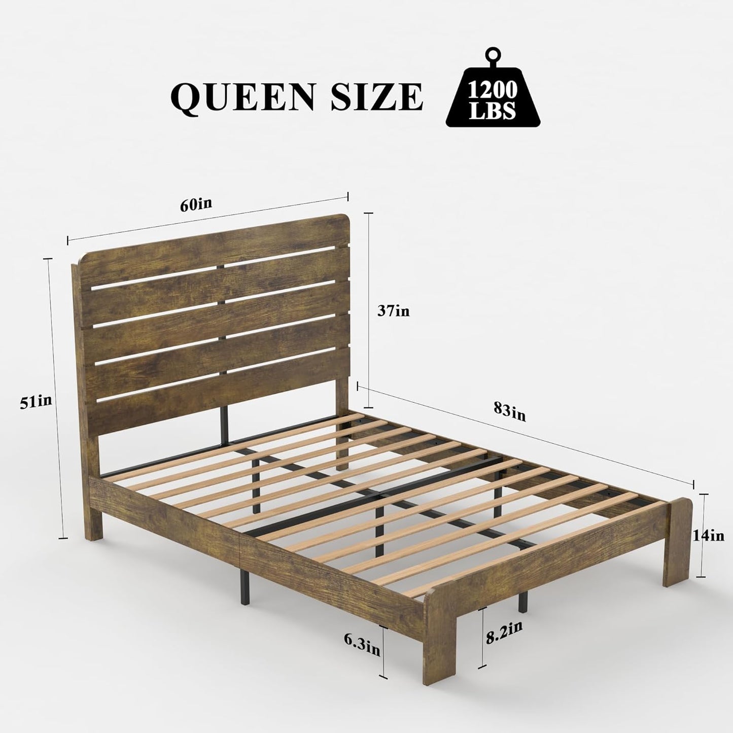 Queen Size Wooden Bed Frame with Headboard, Rustic Farmhouse Style Sturdy Bedframe with Wooden Slat Support, Noiseless, Easy to Assemble, No Spring Mattress Required. (Light Brown, Queen)