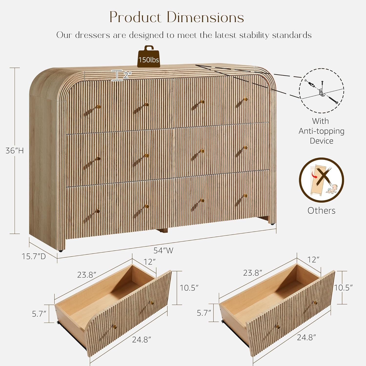 Fluted 6 Drawers Dresser for Bedroom, 54" Wide Modern Chest of Drawers with Thickened Curved Profile Design, Wood Dressers TV Stand for Bedroom, Living Room, Hallway, Natural Oak