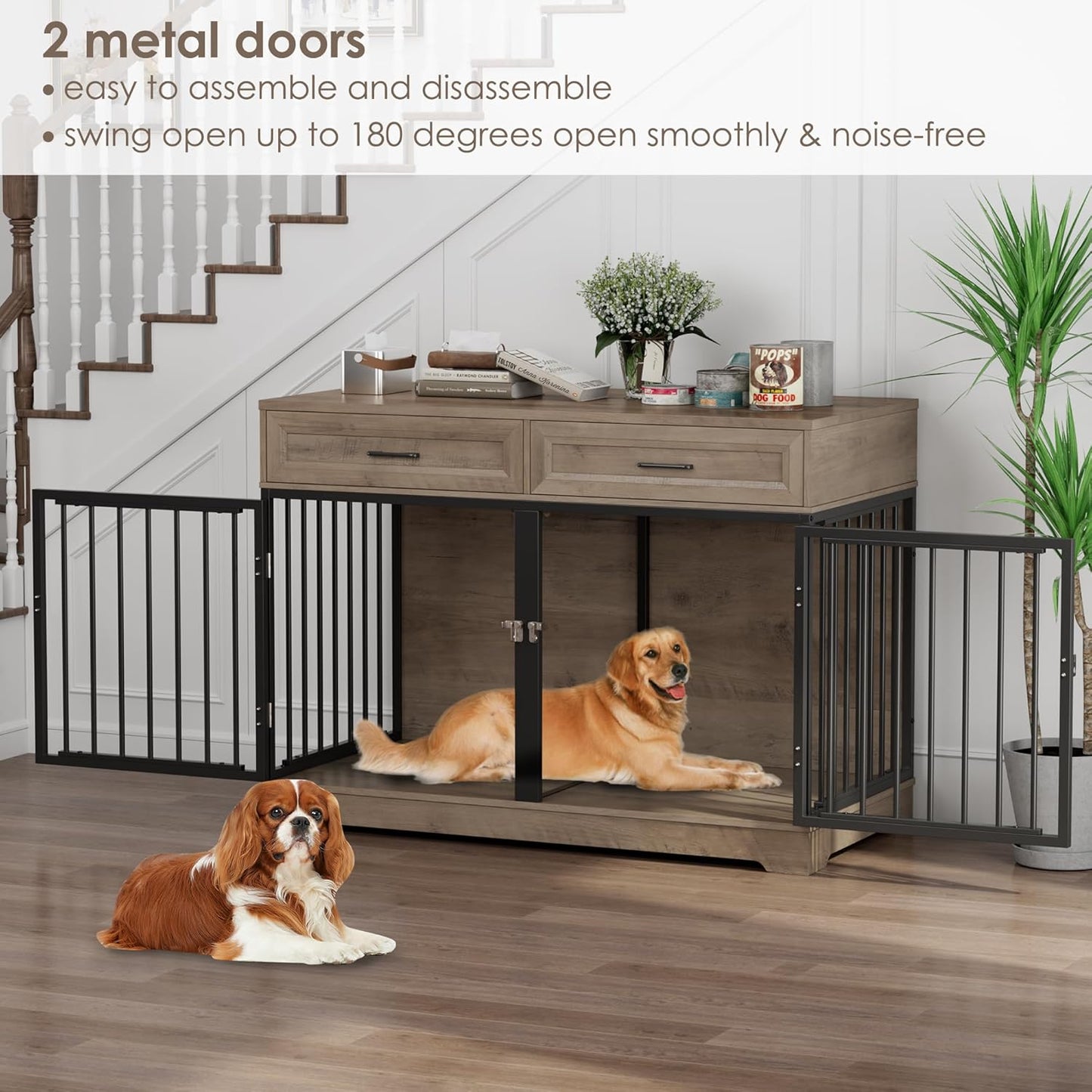 Dog Crate Furniture 47" Wooden Dog Kennels for Dogs Indoor with a Removable Divider for Large/Medium/Small Dogs, 2 Storage Drawers and Large Tabletop Dog Cages Double Doors Dog House, White