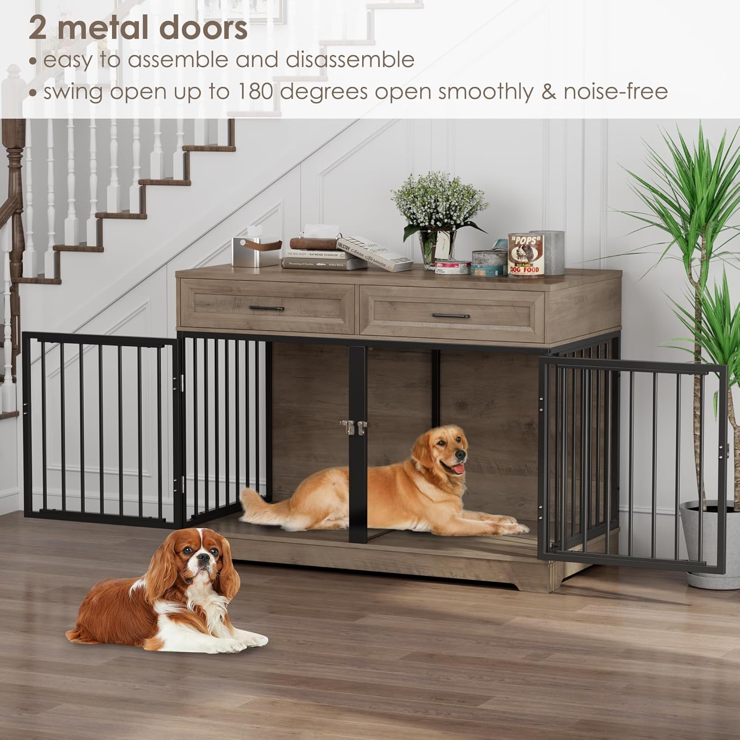 Dog Crate Furniture 47" Wooden Dog Kennels for Dogs Indoor with a Removable Divider for Large/Medium/Small Dogs, 2 Storage Drawers and Large Tabletop Dog Cages Double Doors Dog House, White