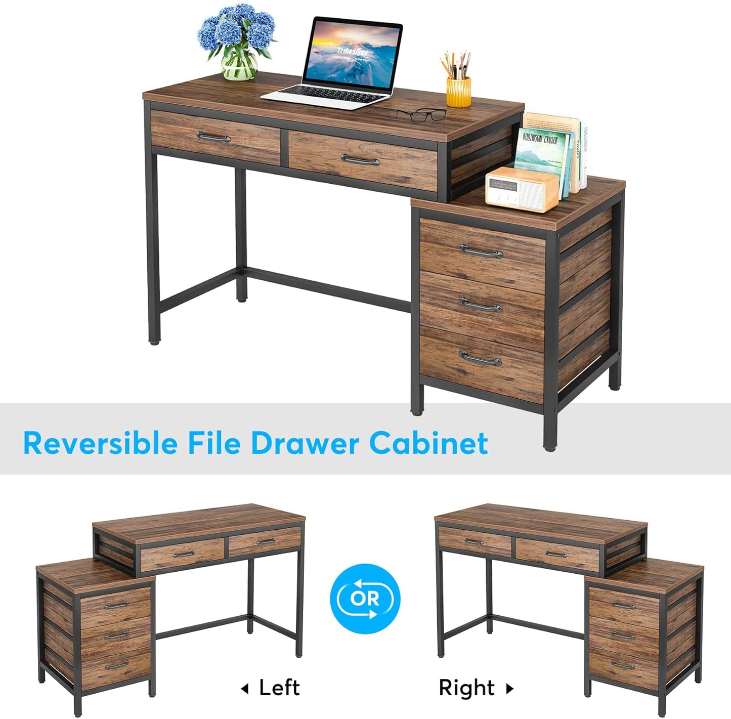 Computer Desk with 5 Drawers, Home Office Desks with Reversible Drawer Cabinet Printer Stand, Industrial PC Desk with Storage, White Study Writing Table Workstation for Small Spaces