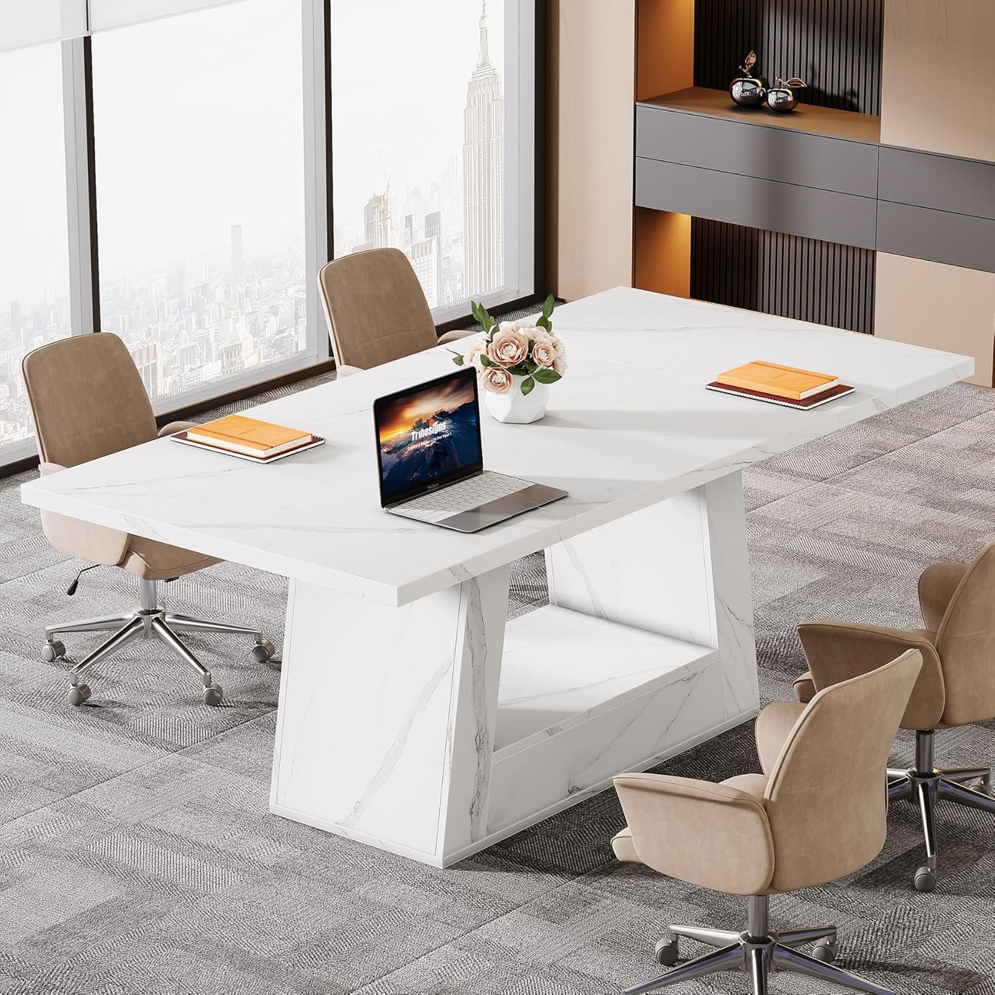 Modern Computer Desk, 63-Inch Large Office Desk Workstation, Simple Style Executive Desk Study Table with Sturdy Base, Wooden Faux Marble Writing Desk for Home Office, White
