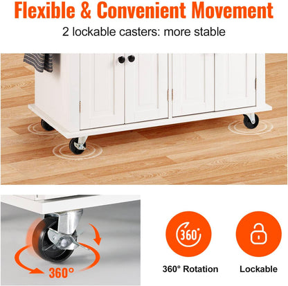 Kitchen Island Cart with Solid Wood Top, 35.4" Width Mobile Carts with Storage Cabinet, Rolling Kitchen Table with Spice Rack, Towel Rack, and Drawer, Portable Islands on Wheels, White