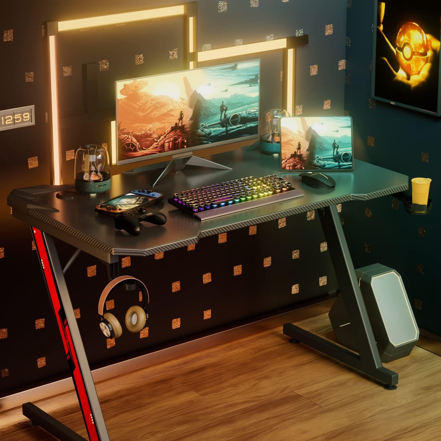 Gaming Desk, Computer Desk with Carbon Fiber Surface, Gaming Table Z Shaped PC Gaming Workstation Home Office Desks with Cup Holder and Headphone Hook (44 Inch, Black)