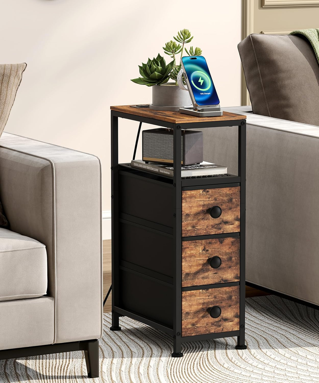 Narrow End Table with Charging Station, 7.9" Wide Couch Side Table with LED Light, Skinny Nightstand with 3 Fabric Storage Drawers, Slim Bedside Table for Bedroom, Small Spaces, Rustic Brown