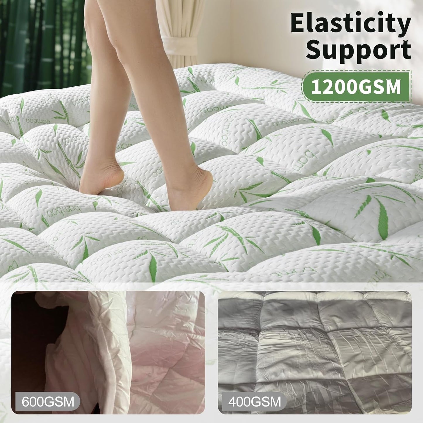 Mattress Topper Queen Size - 1200GSM 3D+7D down Alternative Fill, Viscose Made from Bamboo Cover, Extra Plush for Back Pain, 8"-18" Deep Pocket(Queen,60"X80")