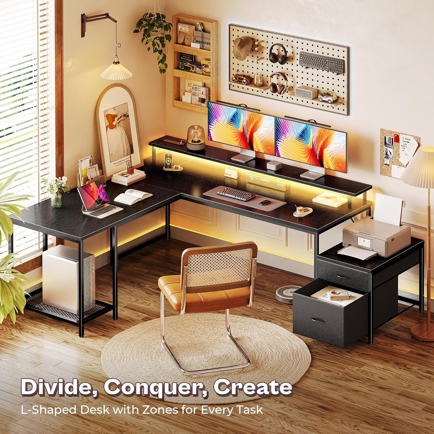 66 Inch L Shaped Computer Desk with Power Outlets and LED Lights, Home Office Desk with Fabric Drawers and Print Stand, L Shape or Long Set Up, Monitor Stand, Mesh CPU Stand, Black