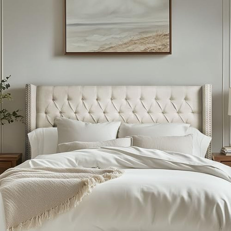 Amelia Upholstered Headboard | Nail Head Trim Wingback Button Tufted | Queen, Cream