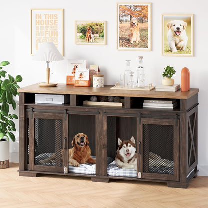 71" Dog Crate Furniture, Furniture Style Double Dog Crate Table Indoor TV Stand, Double Dog Kennel Furniture with 3 Storages and Removable Divider for Large Medium Dogs, Dark Walnut/Light Oak