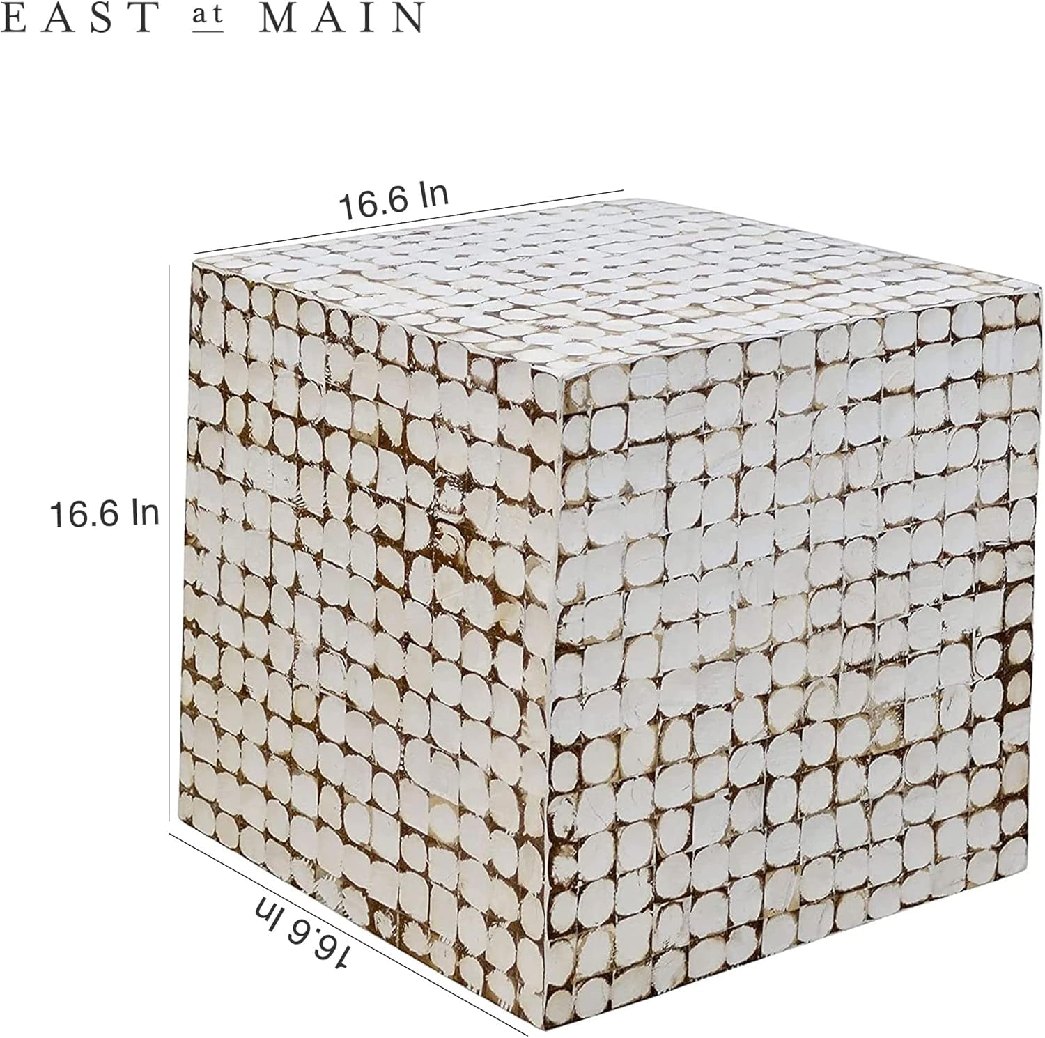 round Side Table - Real Coconut Shell Mosaic Inlaid, Pre-Assembled, Natural Wood and Patina Finish (White/Square)