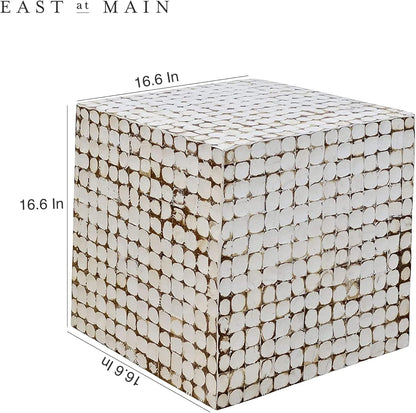 round Side Table - Real Coconut Shell Mosaic Inlaid, Pre-Assembled, Natural Wood and Patina Finish (White/Square)