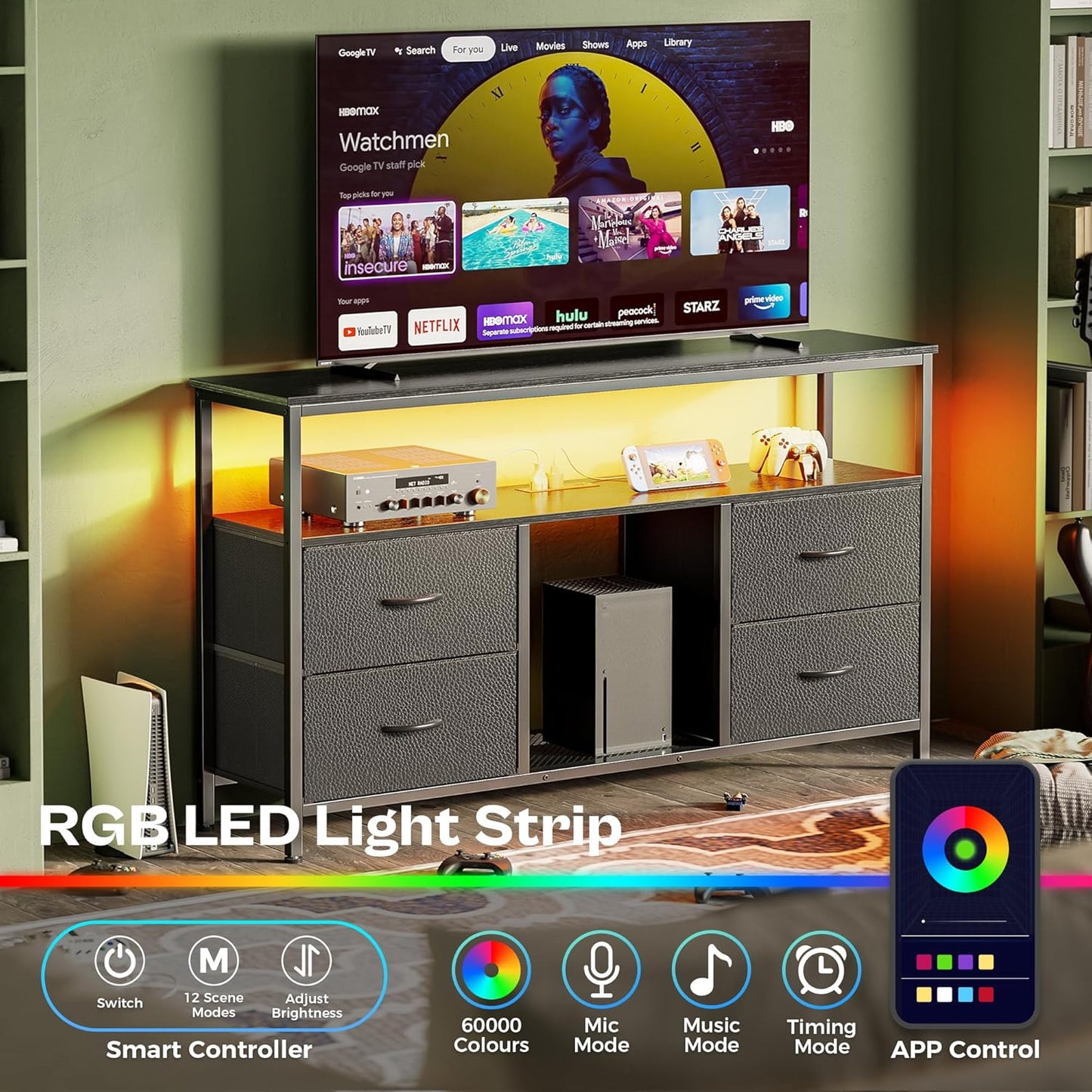 47 Inch TV Stand Dresser with Power Outlets and LED Lights, Fabric Dresser for Bedroom with Storage, 4 Drawers Entertainment Center with Open Shelf, Media Console for 55 50 Inch TV, Black