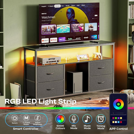 47 Inch TV Stand Dresser with Power Outlets and LED Lights, Fabric Dresser for Bedroom with Storage, 4 Drawers Entertainment Center with Open Shelf, Media Console for 55 50 Inch TV, Black