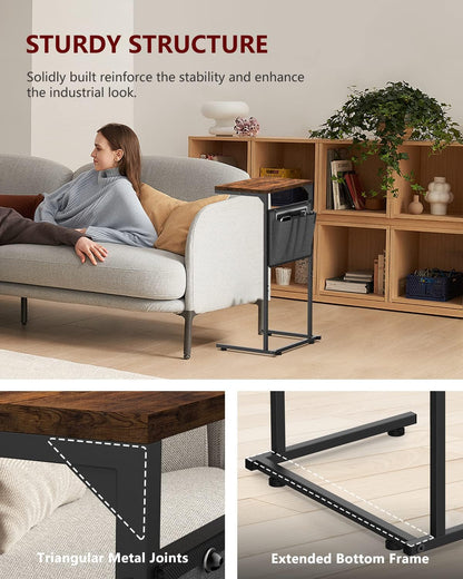 C Shaped End Table, Small Side Table for Couch and Recliner, Slide under Sofa Tray Desk with Storage Bag for Living Room and Bedroom, Rustic Brown