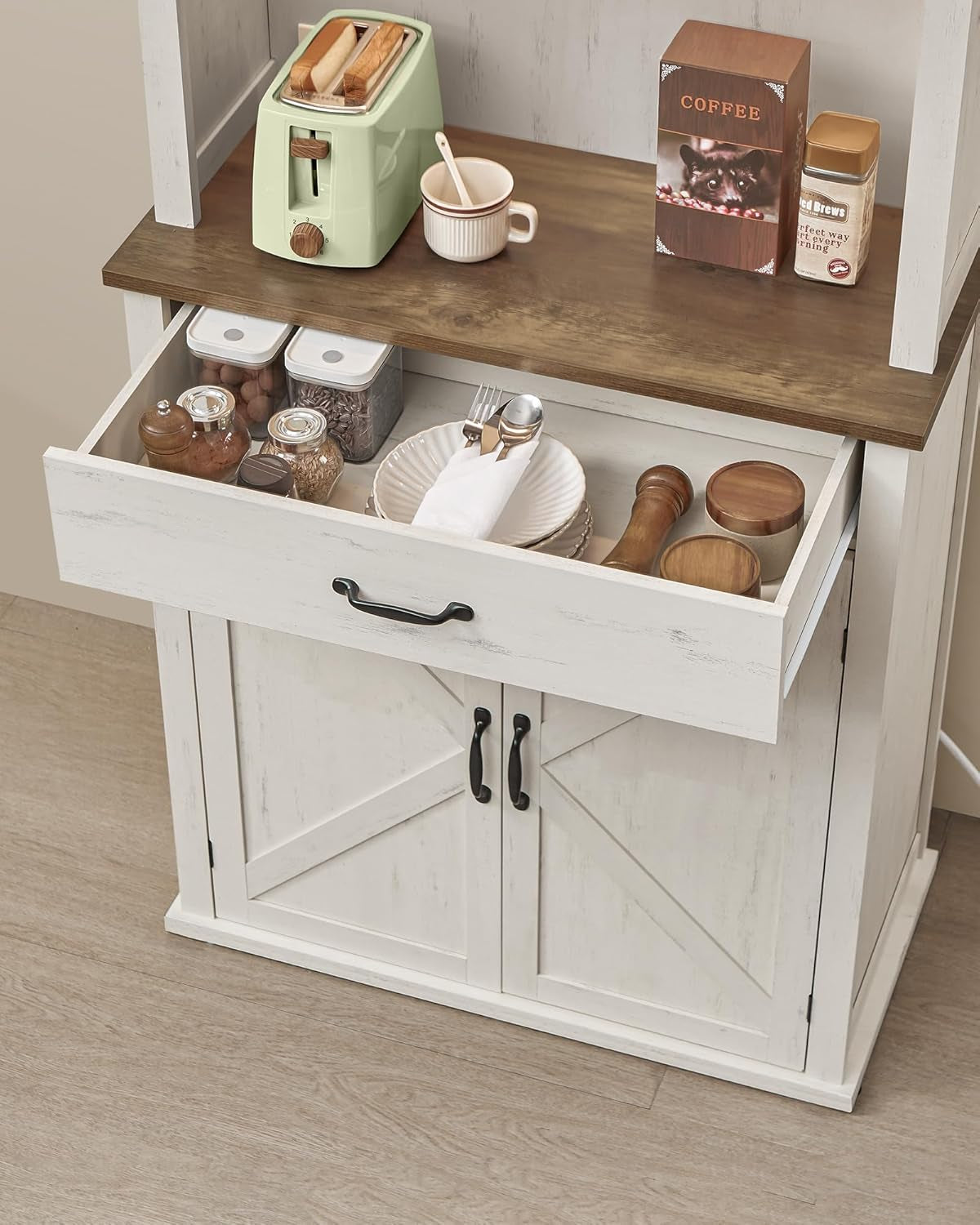 71" Kitchen Pantry Cabinet with Lights and Charging Station, Coffee Bar Cabinet with Doors and Drawer, Farmhouse Style, Adjustable Shelves, Cloud White UBBK363W11