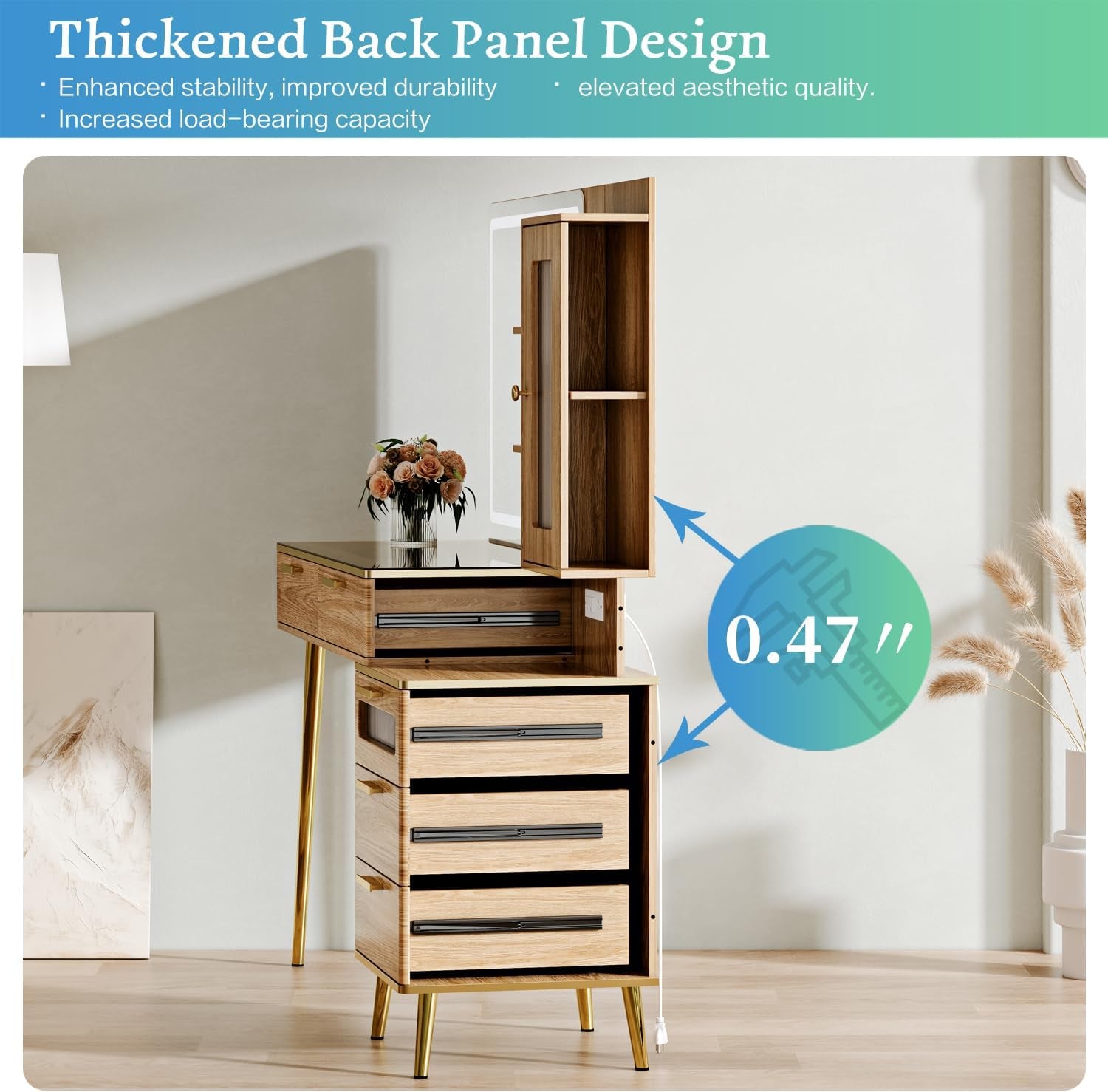 Vanity Desk with 29.53" HD Lighted Mirror, 47.24" Big Modern Vanity Desk with Mirror and Lights, Makeup Vanity with 5 Drawers and Storage Shelves and Charging Station, Oak
