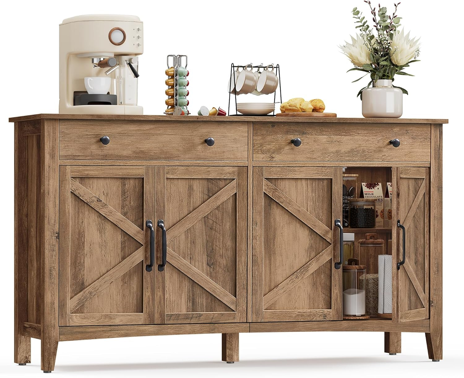 LIRY Collection - Buffet Cabinet, Coffee Bar Cabinet with 2 Drawers, Adjustable Shelves, Sideboard Storage with Cable Holes, Drawer Dividers, Honey Brown UBBK381K01