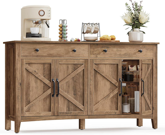 LIRY Collection - Buffet Cabinet, Coffee Bar Cabinet with 2 Drawers, Adjustable Shelves, Sideboard Storage with Cable Holes, Drawer Dividers, Honey Brown UBBK381K01