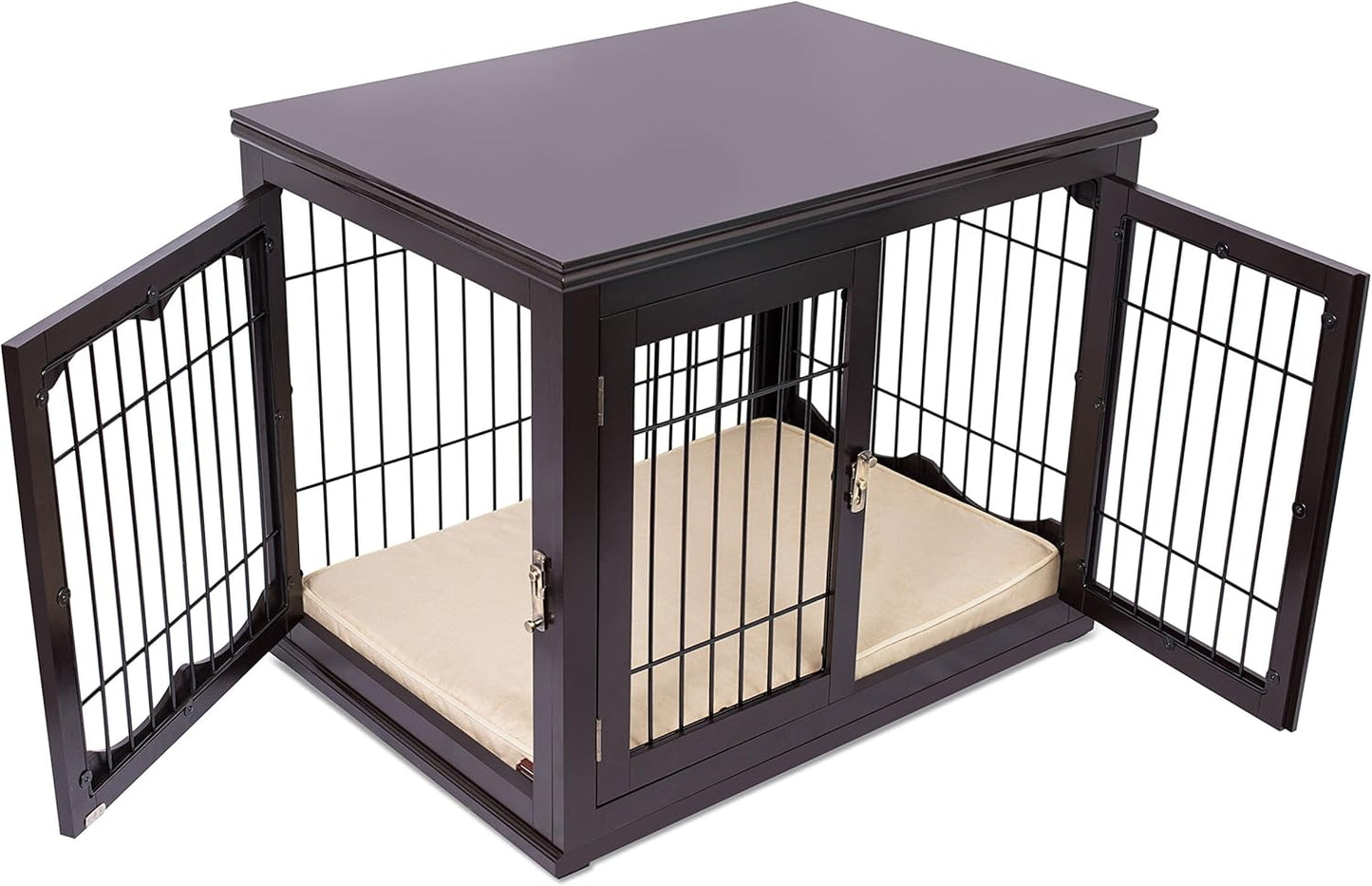 Internet'S Best Decorative Dog Kennel with Pet Bed | Double Door | Wooden Wire Dog House | Large Indoor Pet Crate Side Table | Espresso