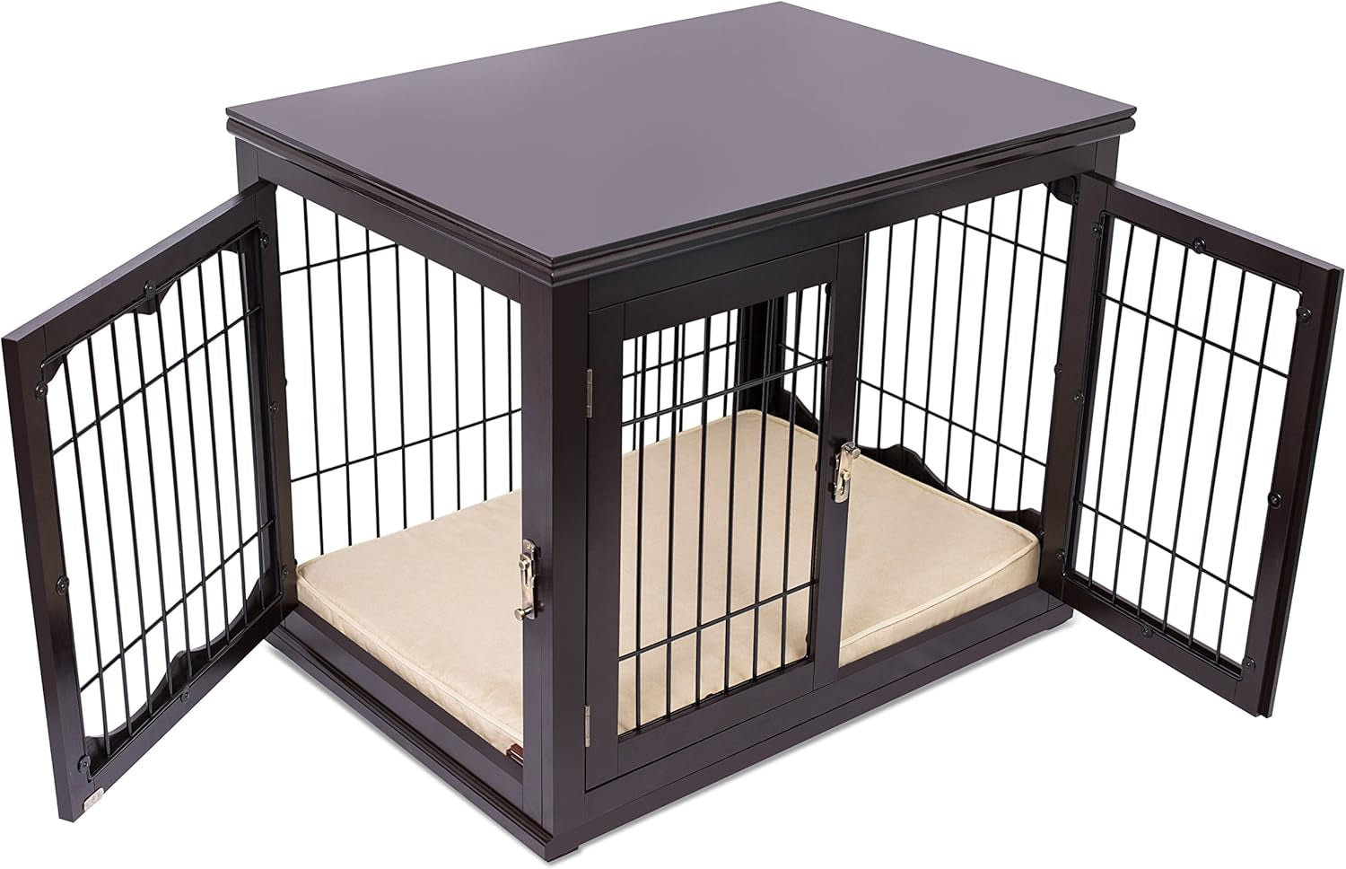 Internet'S Best Decorative Dog Kennel with Pet Bed | Double Door | Wooden Wire Dog House | Large Indoor Pet Crate Side Table | Espresso