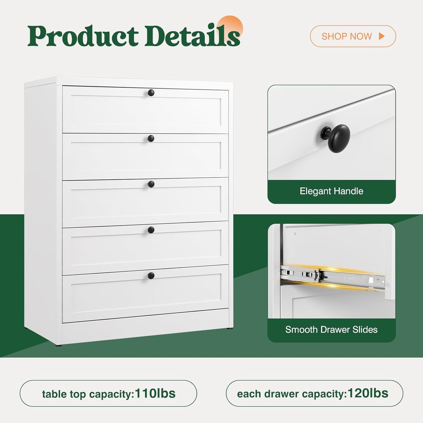 Tall White Dresser for Bedroom, 5 Drawer Metal Closet Dressers Chests, Modern Storage Organizer Unit, Large Storage Space Drawer Storage Cabinet for Bedroom, Entryway, Hallway