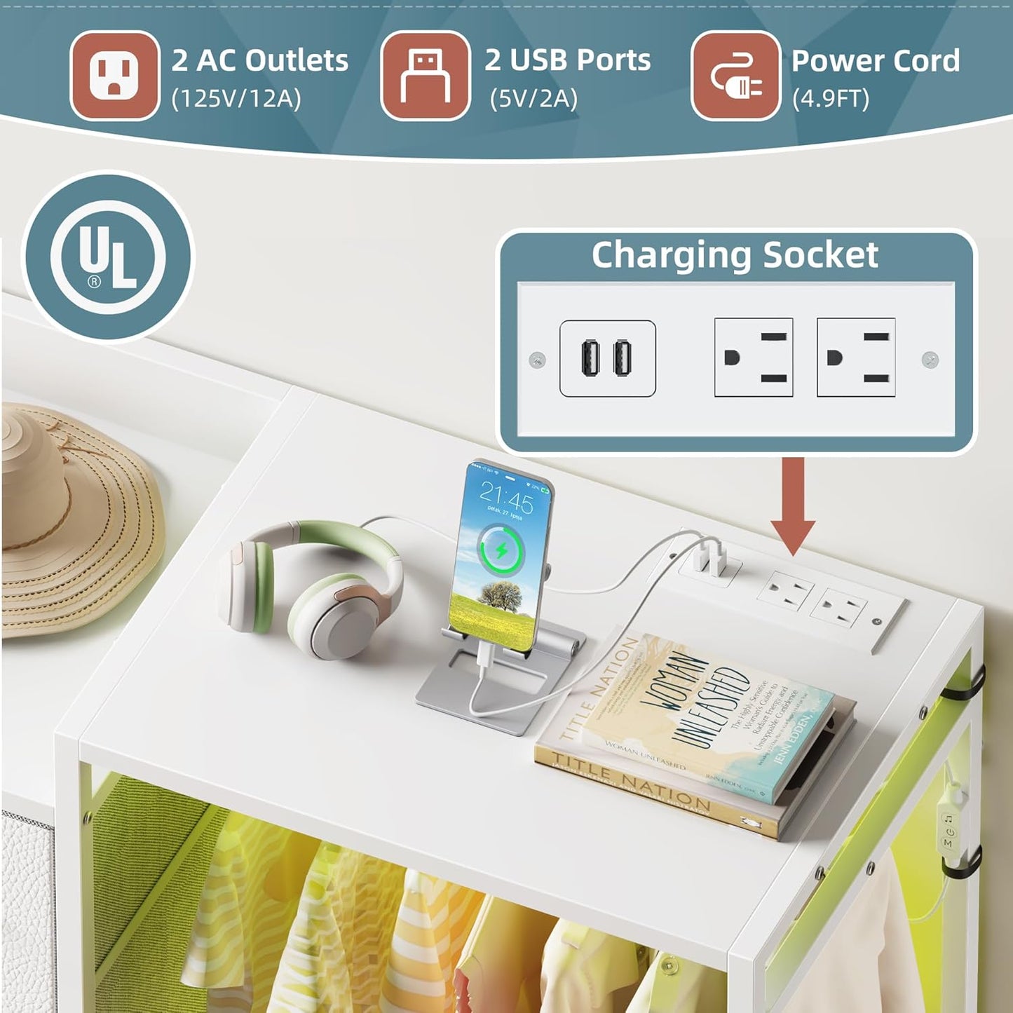 Dresser with Hanging Rack, 8-Drawer Dresser for Bedroom with Charging Station & LED Lights, Kids Dressers with Shoe Rack, Chest of Drawers with Wooden Top for Bedroom, Kids Room, White, 11.8"D