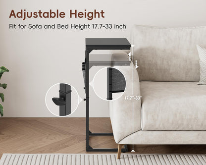 C Shaped End Table with Charging Station, Adjustable Height Side Table for Couch, Small Sofa Table Laptop Couch Desk, Slide under Sofa TV Tray Tall Arm C Tables for Living Room Bedroom, Black