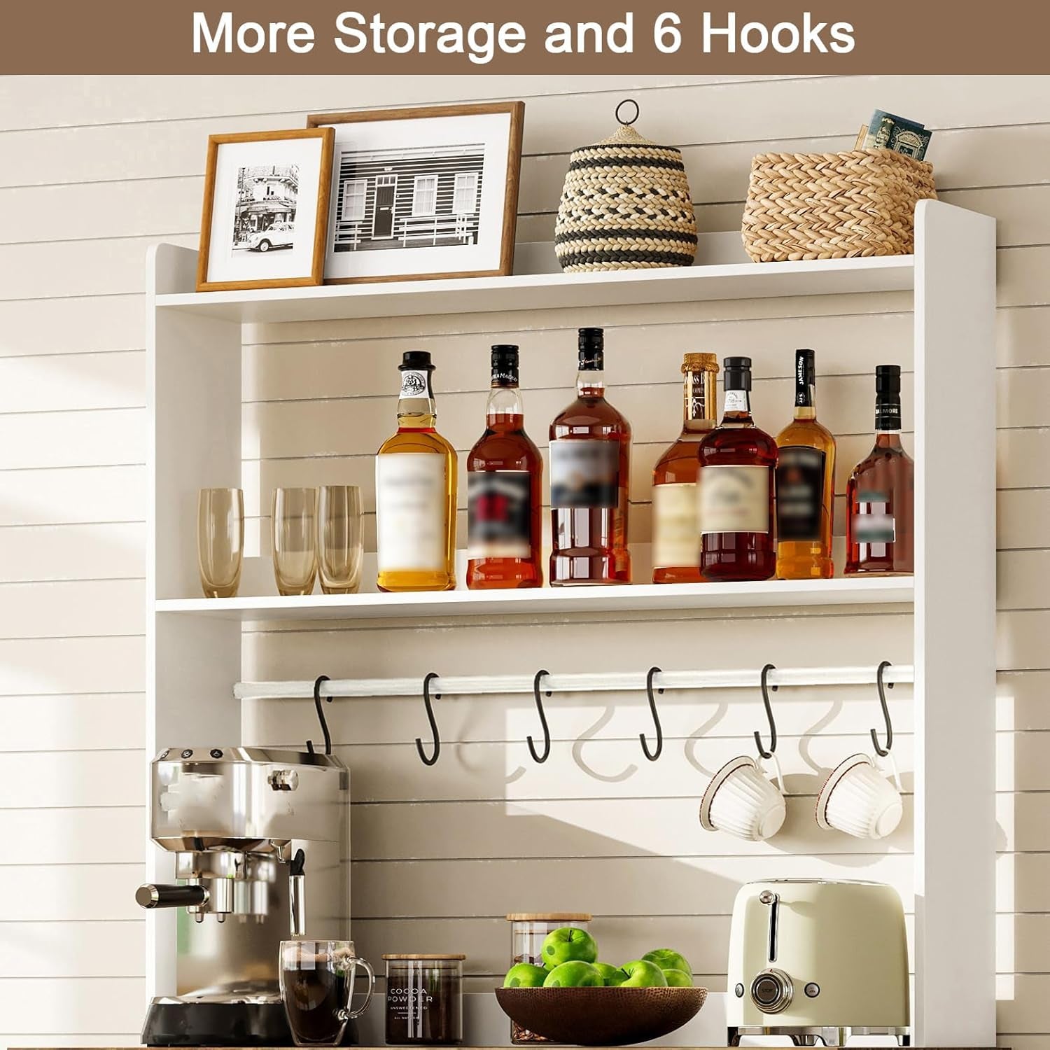 Farmhouse Bakers Rack with Power Outlets and Storage, Coffee Bar Cabinet with Storage, Microwave Stand Kitchen Cabinet with Hutch and 6 Hooks, Soft White & Brown