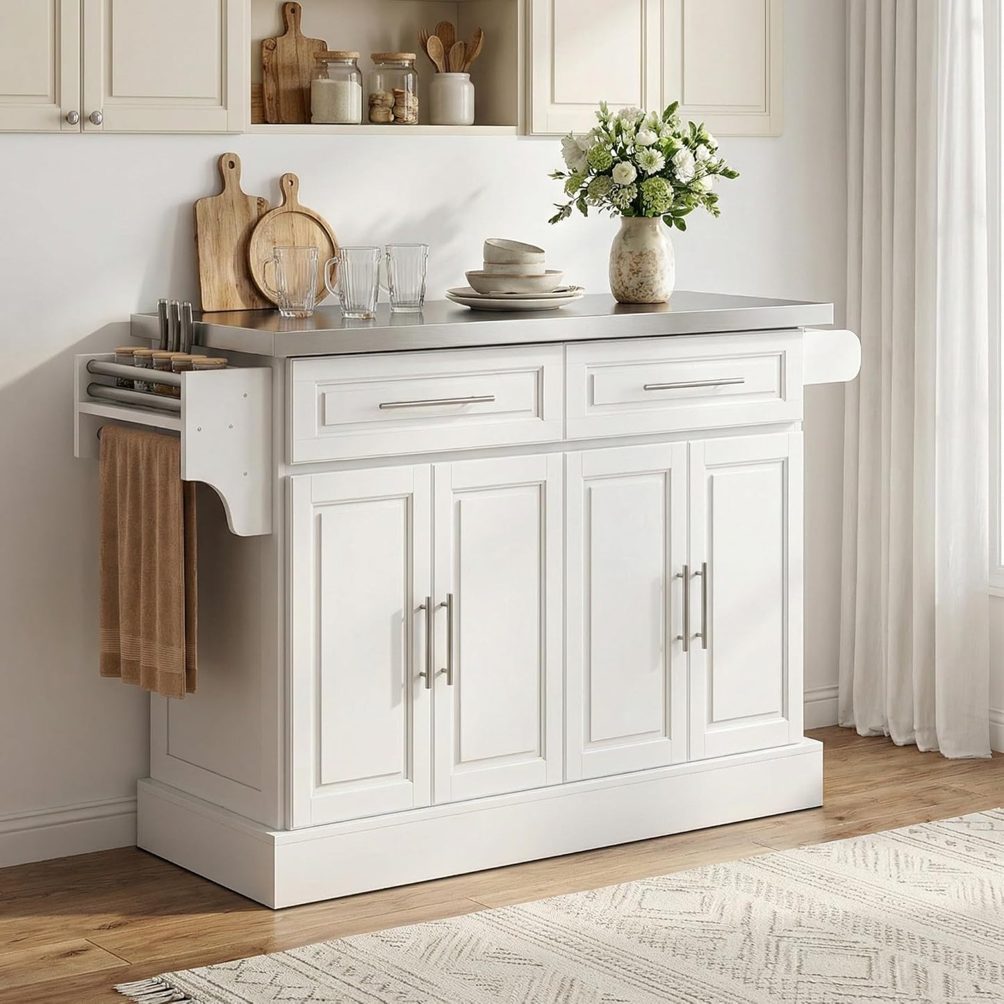 Rolling Kitchen Island Cart with 47" Stainless Steel Top, Portable Island Table for Kitchen with Wheels, Adjustable Shelves, 2 Drawers, Spice, Knife and Towel Rack, White
