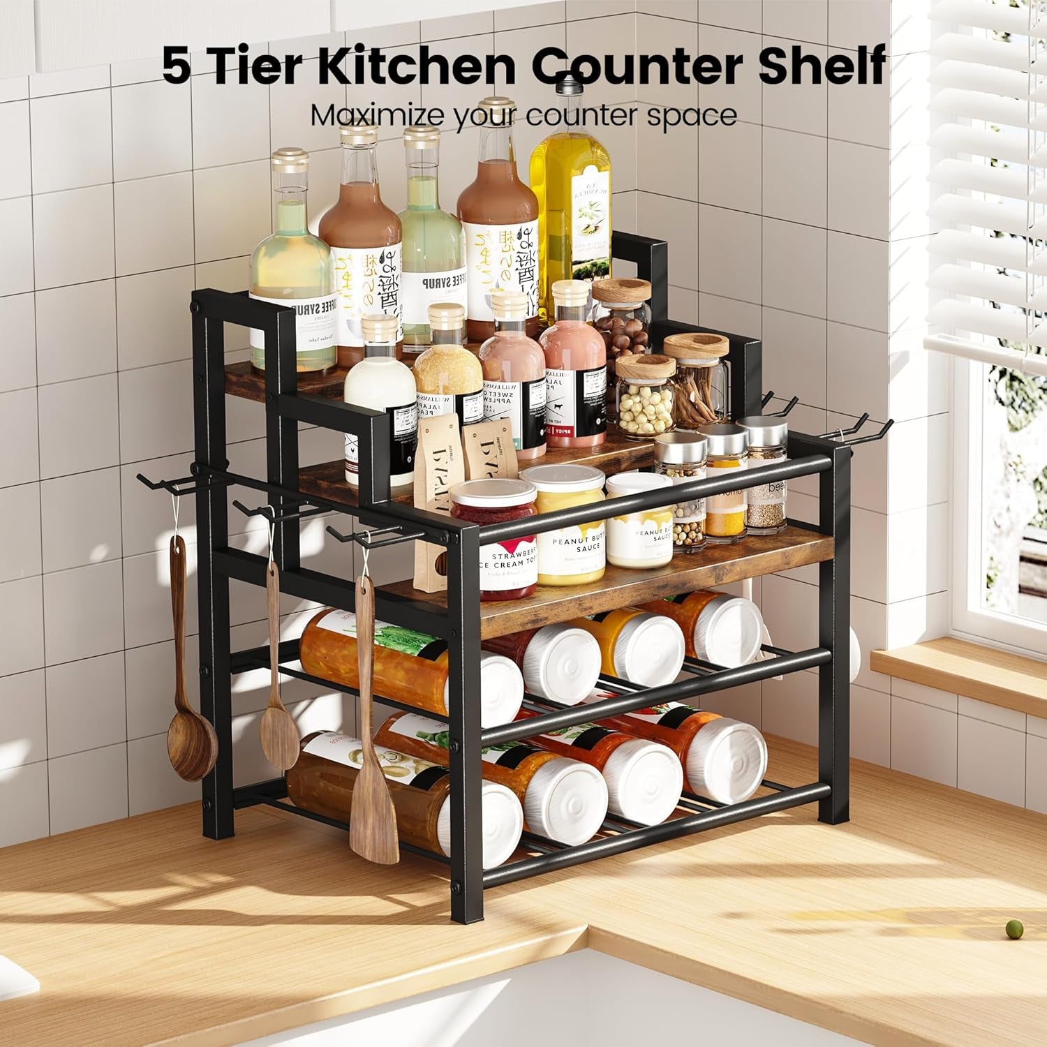 5-Tier Liquor Bottle Display Shelf, Holds up to 20 Bottles, Countertop Wine Racks with 6 Wine Glass Holders, Mini Wine Bar Cabinet for Home, All in One Coffee Syrup Whiskey Organizer