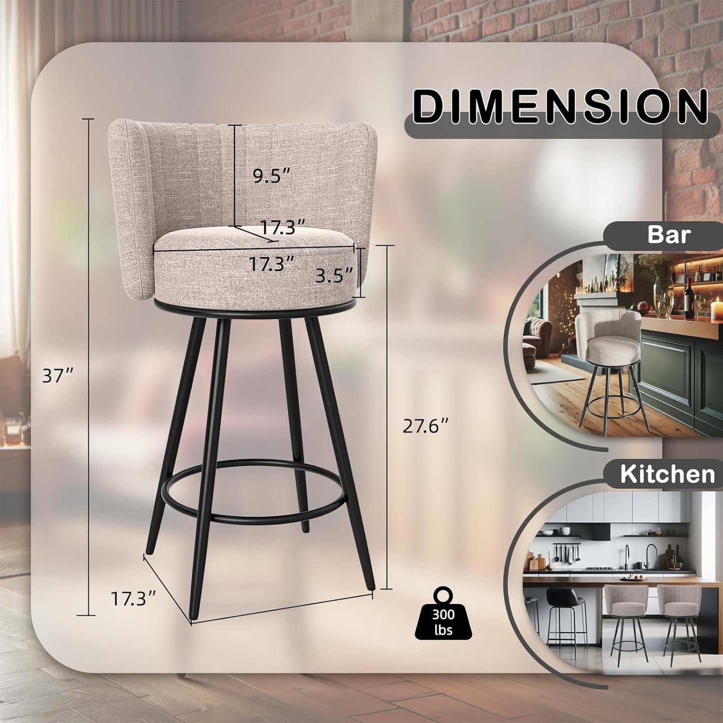 Bar Stools Set of 4, 27" Tufted Modern Counter Height Bar Stools, Upholstered Barstools with Back & Footrest Metal Legs, Stools for Kitchen Island, Counter, Cafes, Dining Room (Beige)