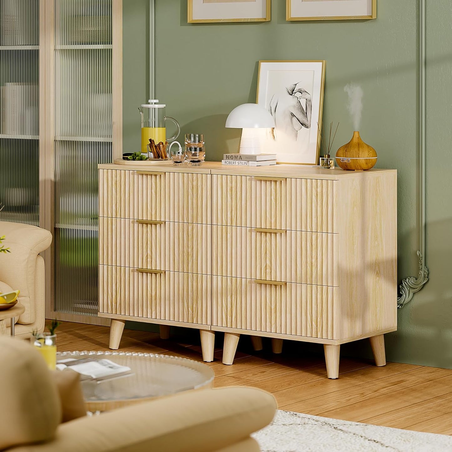 Wood 3 Drawers Dresser Fluted Night Stand with Charging Station, Storage Nightstand Modern Side Table, Bedside Table for Bedroom, Entryway Natural