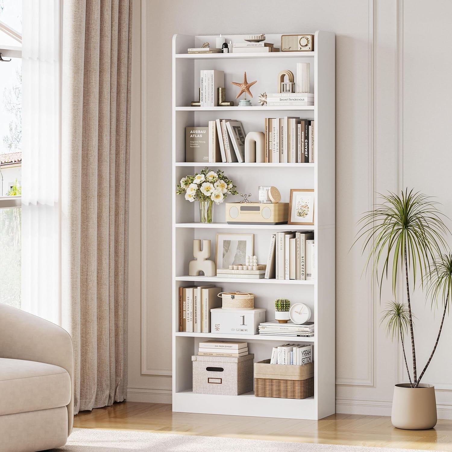 7-Tier Open Bookcase and Bookshelf, Modern Simple Floor Standing Display Storage Shelves with Top Open Compartment for Home Office, Living Room, Bed Room - White
