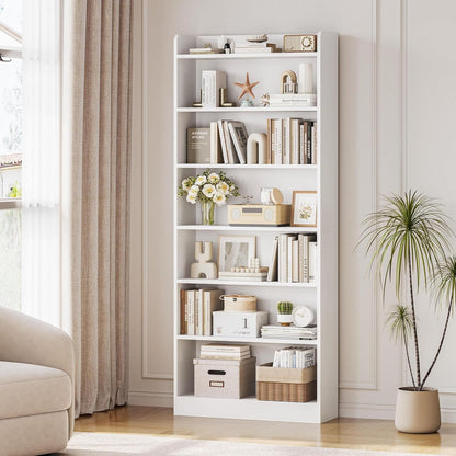 7-Tier Open Bookcase and Bookshelf, Modern Simple Floor Standing Display Storage Shelves with Top Open Compartment for Home Office, Living Room, Bed Room - White