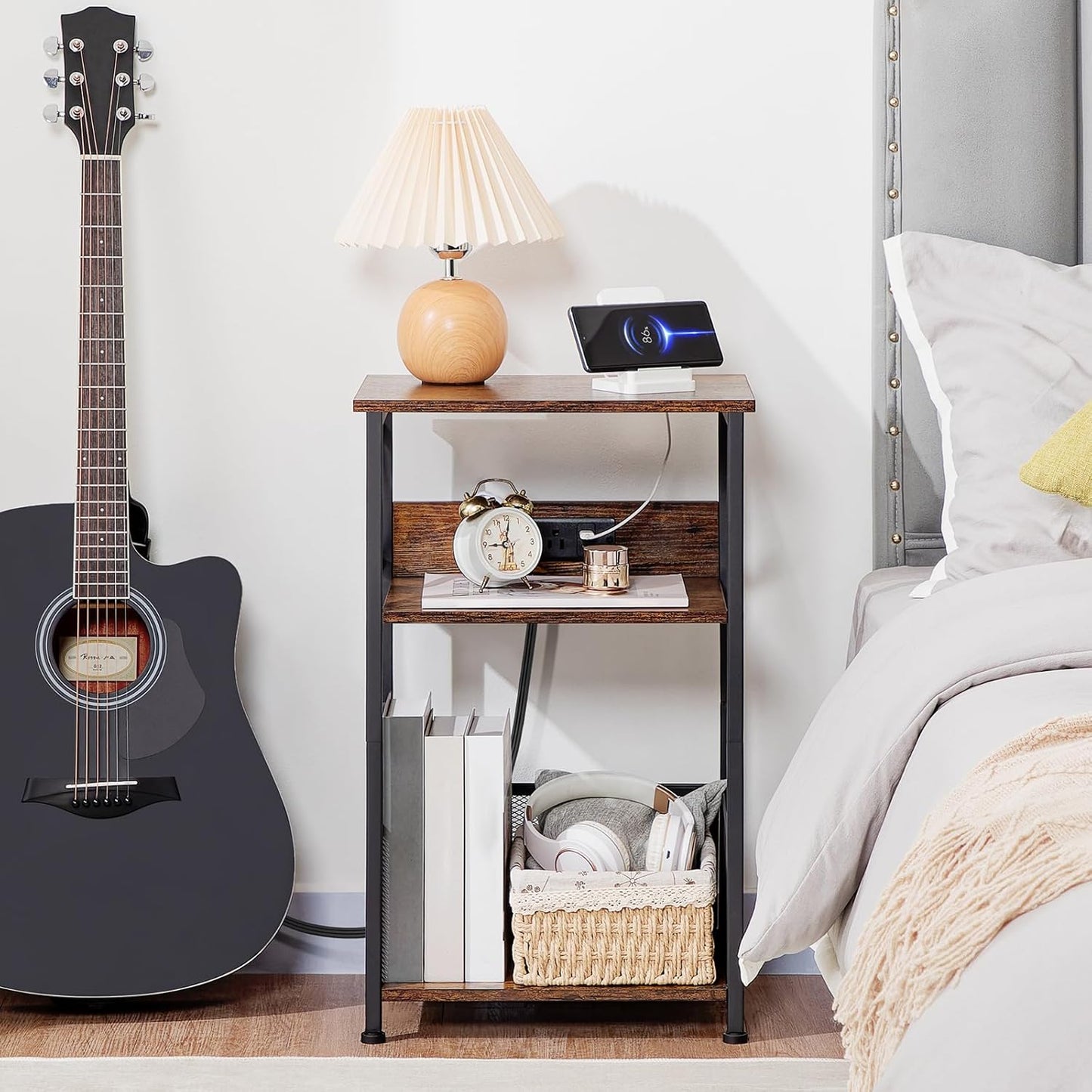 Record Player Stand with Charging Station, Turntable Stand with Storage Cabinet, 3 Tier End Table Hold up to 100 Albums, Record Table for Vinyl, Living Room, Rustic Brown, HETCD01BR-1
