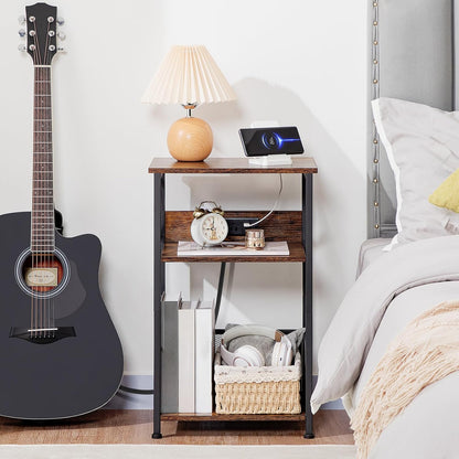 Record Player Stand with Charging Station, Turntable Stand with Storage Cabinet, 3 Tier End Table Hold up to 100 Albums, Record Table for Vinyl, Living Room, Rustic Brown, HETCD01BR-1