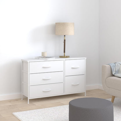 White Dresser for Bedroom with 5 Drawers, Small Dresser for Kids' Bedroom, Closet, Wide Chest of Drawers with Fabric Storage Drawers, Wooden Top, Steel Frame, Modern, White