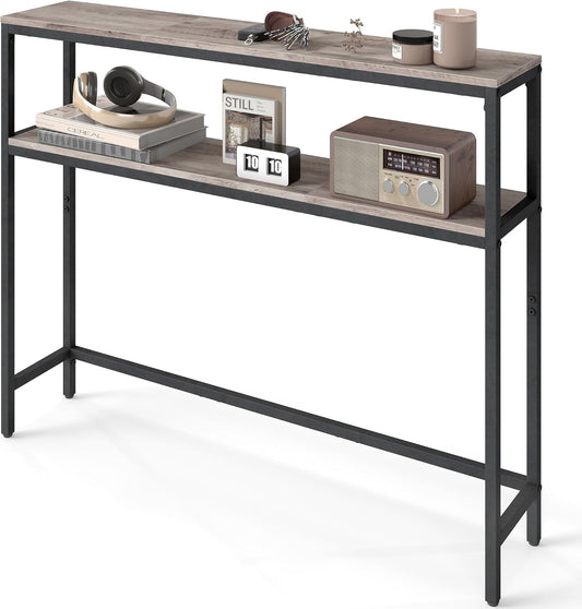 Console Table, 2-Tier Narrow Sofa Table with 2 Shelves, 7.9 X 39.4 X 31.5 Inches, for Living Room, Hallway, Entryway, Heather Greige and Ink Black ULNT131K02V1