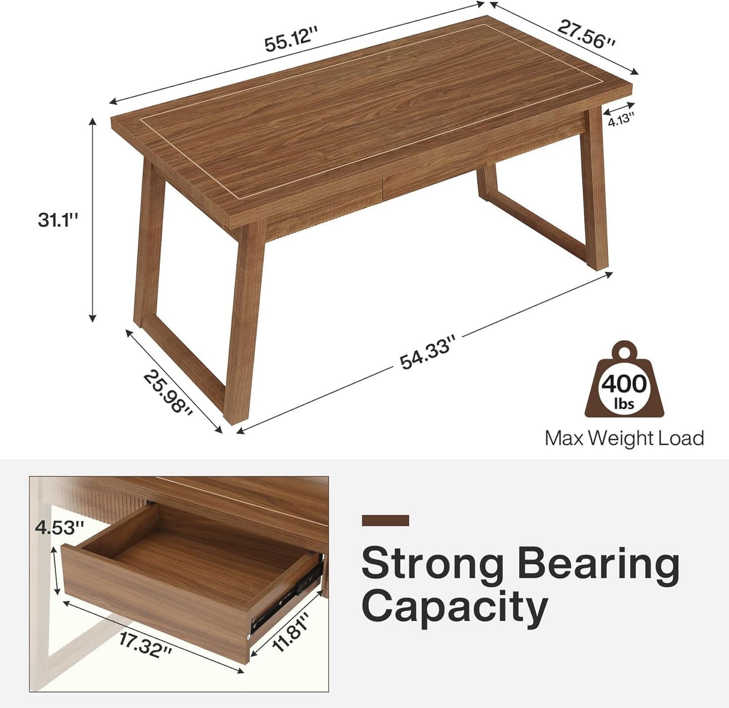 Home Office Executive Desk: 55 Inches Wooden Computer Desk with Drawer, Mid-Century Modern Study Writing Table, Rustic PC Laptop Desk Workstation Furniture, Walnut Brown