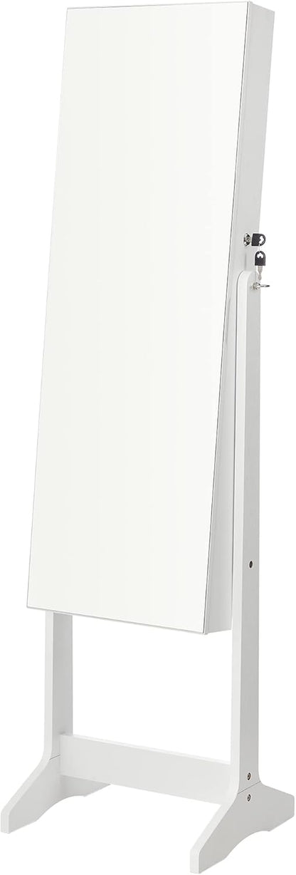 Jewelry Cabinet Armoire, Freestanding Lockable Storage Organizer Unit with 2 Plastic Cosmetic Storage, Full-Length Frameless Mirror, for Necklace Earring, White UJJC002W01