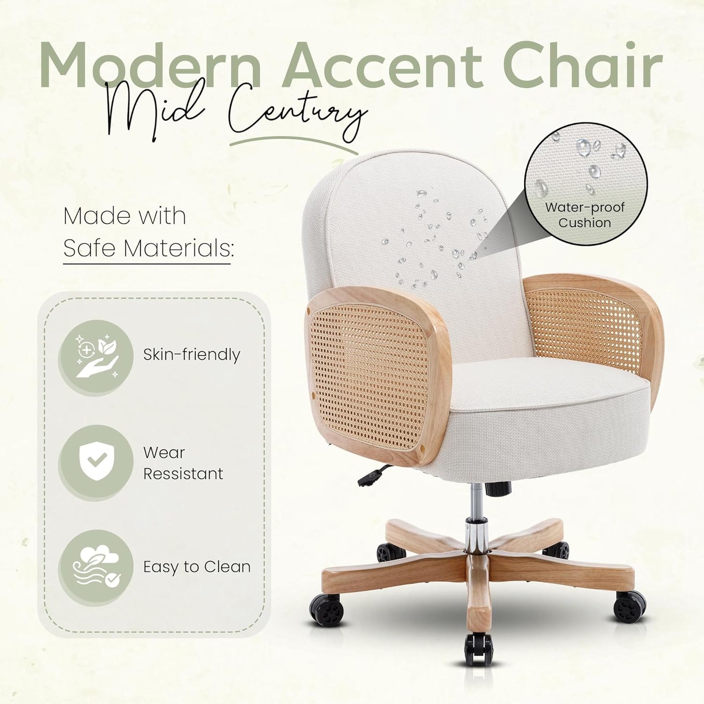 Rattan Desk Chair, Upholstered Home Office Chair with Rattan Armrest, Waterproof Cushion, Adjustable Swivel Rolling Height Computer Task Chair for Living Room Bed & Study Room, Ivory