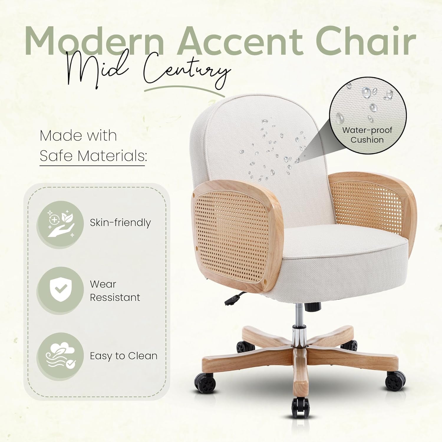 Rattan Desk Chair, Upholstered Home Office Chair with Rattan Armrest, Waterproof Cushion, Adjustable Swivel Rolling Height Computer Task Chair for Living Room Bed & Study Room, Ivory