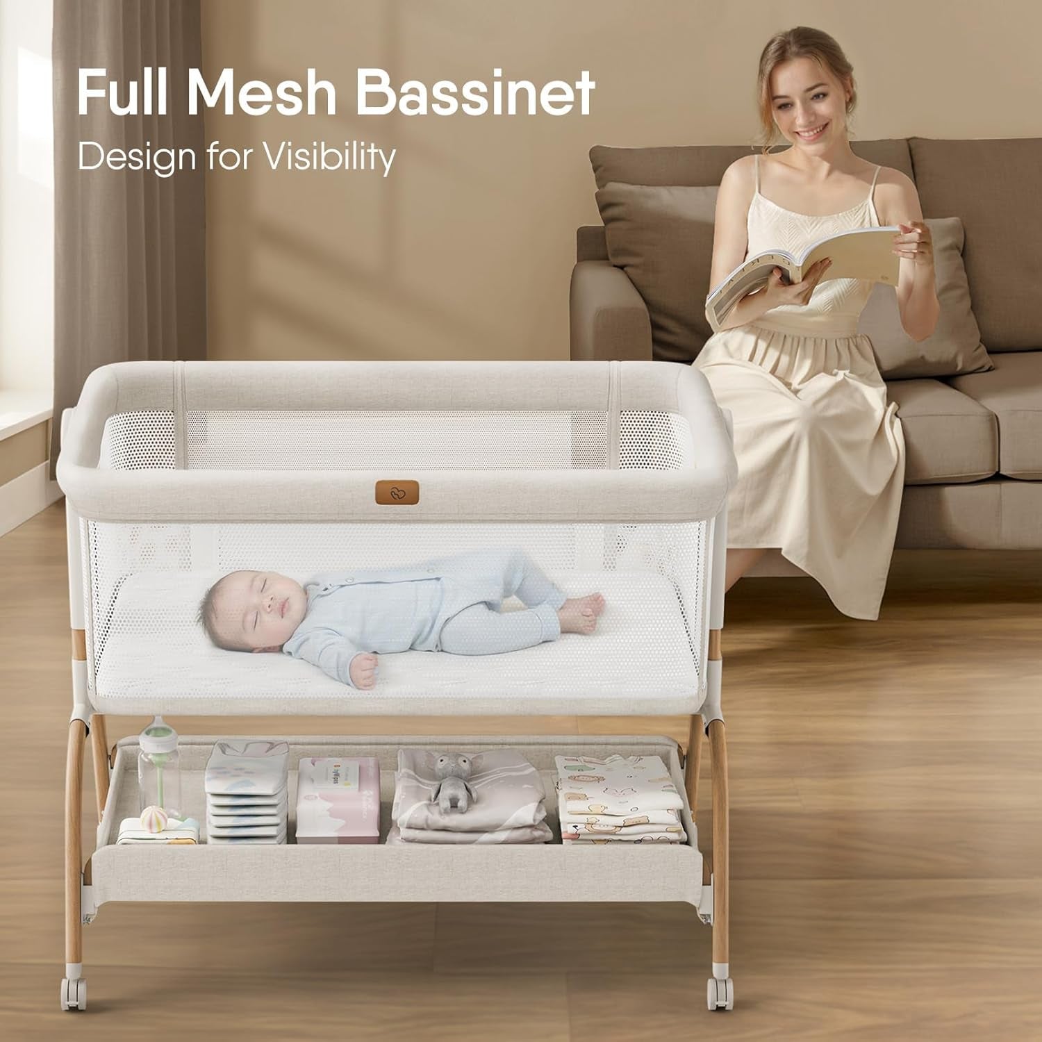Baby Bassinet Bedside Crib, 3-In-1 Baby Bassinet Bedside Sleeper with Mattress and Soft, Breathable Sheet, Full-Mesh Sides, 6-Height Adjustable, Stable and Secure Crib for Newborns
