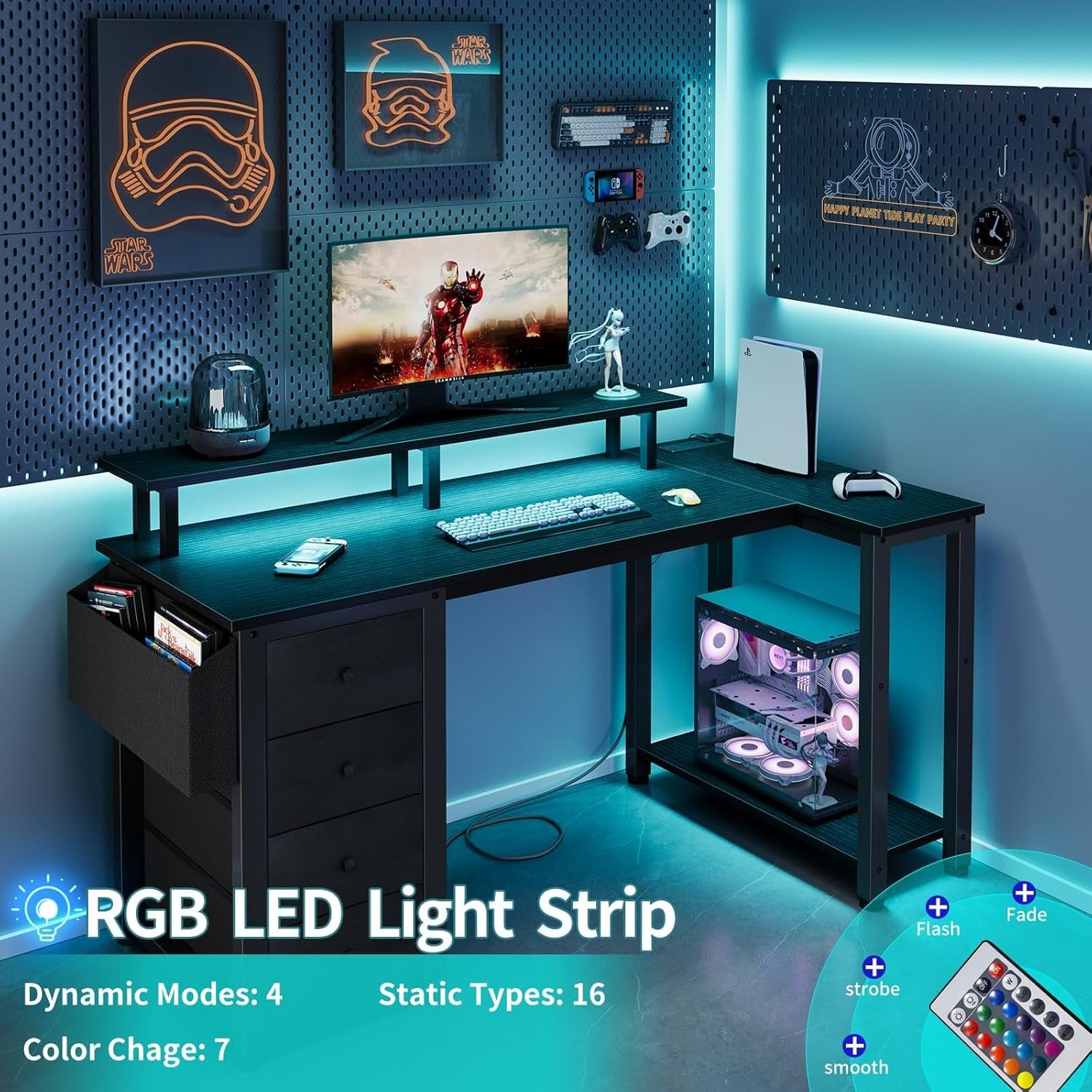 Black L Shaped Desk with Led Lights and Power Outlets, 47 Inch Writing Study Computer Gaming Desks with Fabric Drawers for Bedroom, Home Office Corner Desk with Monitor Stand Shelves, Black