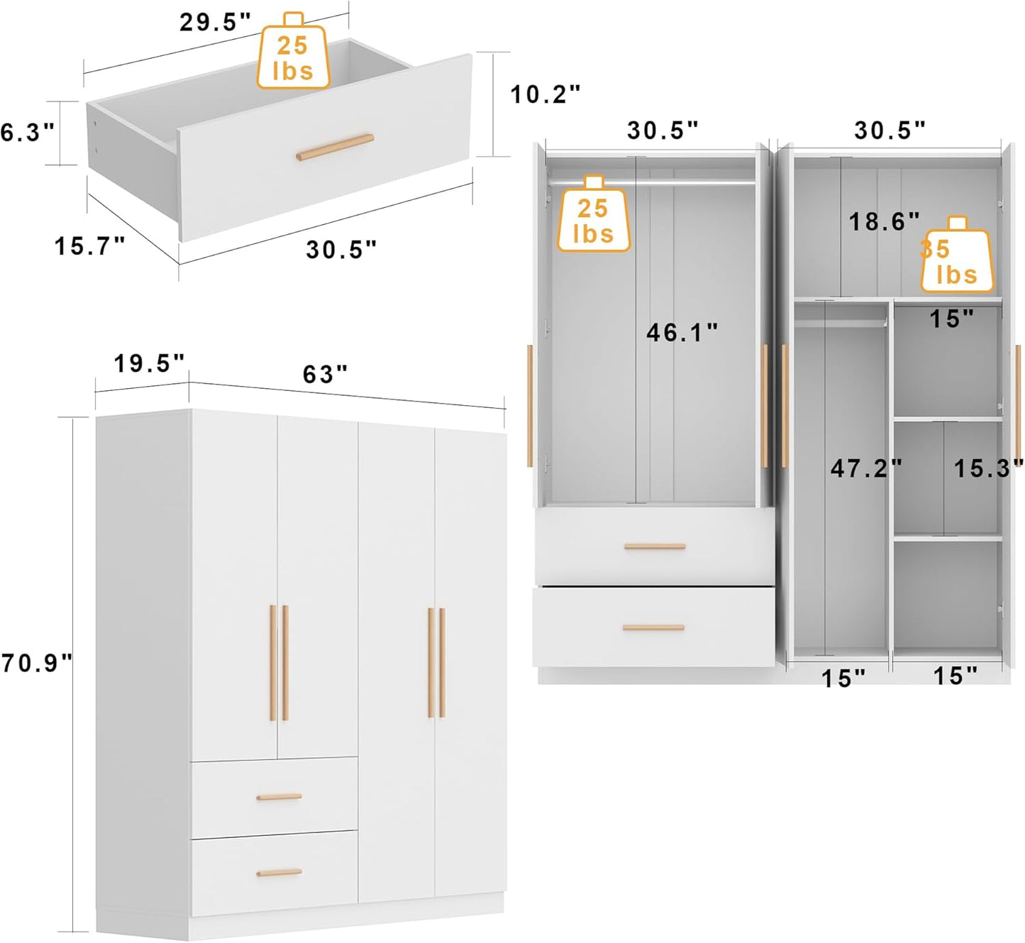 Armoire Wardrobe Closet with 4 Doors & 2 Hanging Rods, Wooden Clothing Storage Cabinet with Drawers & Shelves for Bedroom, White, 19.7" D X 63" W X 70.9" H